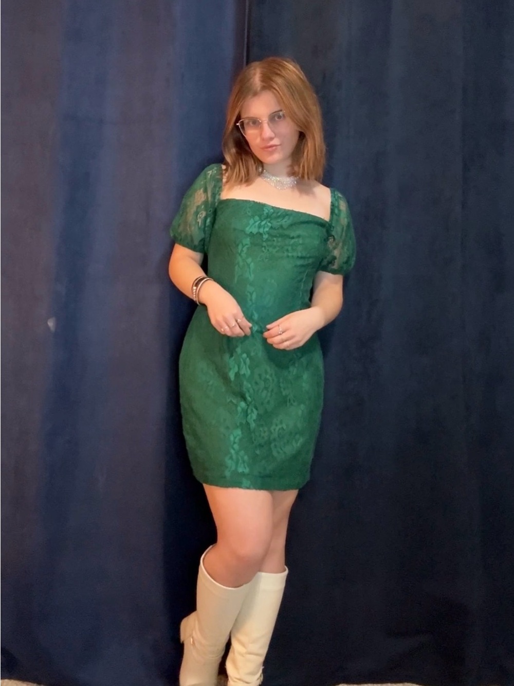 Green Lace Square-Neck Mini Dress